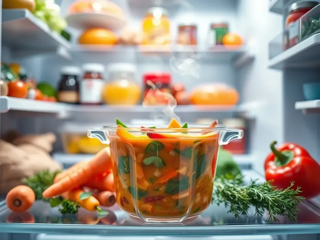 r&oacute;żne rodzaje zup w pojemnikach w lod&oacute;wce