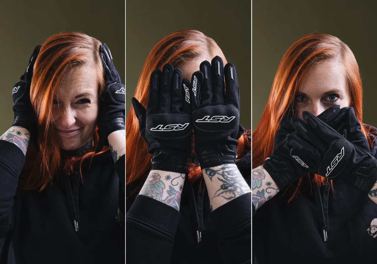 Motocyklista w idealnie dopasowanych rękawicach na manetce