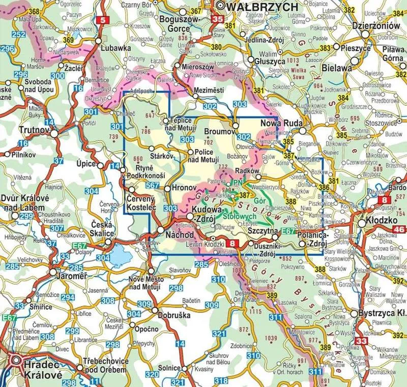 Mapa Gór Stołowych z zaznaczonymi miejscowościami Karłów Kudowa-Zdrój Radków Polanica-Zdrój Duszniki-Zdrój