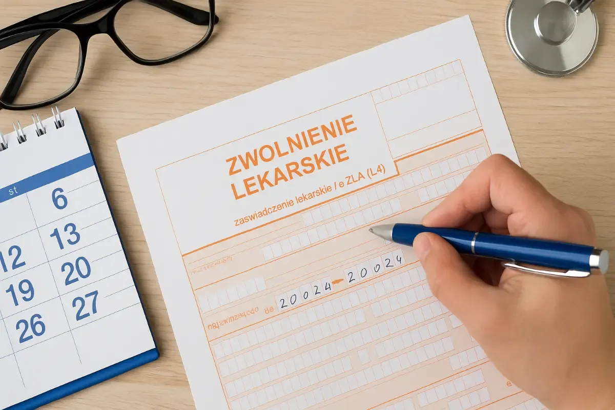 Ręka pisze na druku zwolnienia lekarskiego. Obok kalendarz i okulary. Czy L4 w weekend się opłaca?