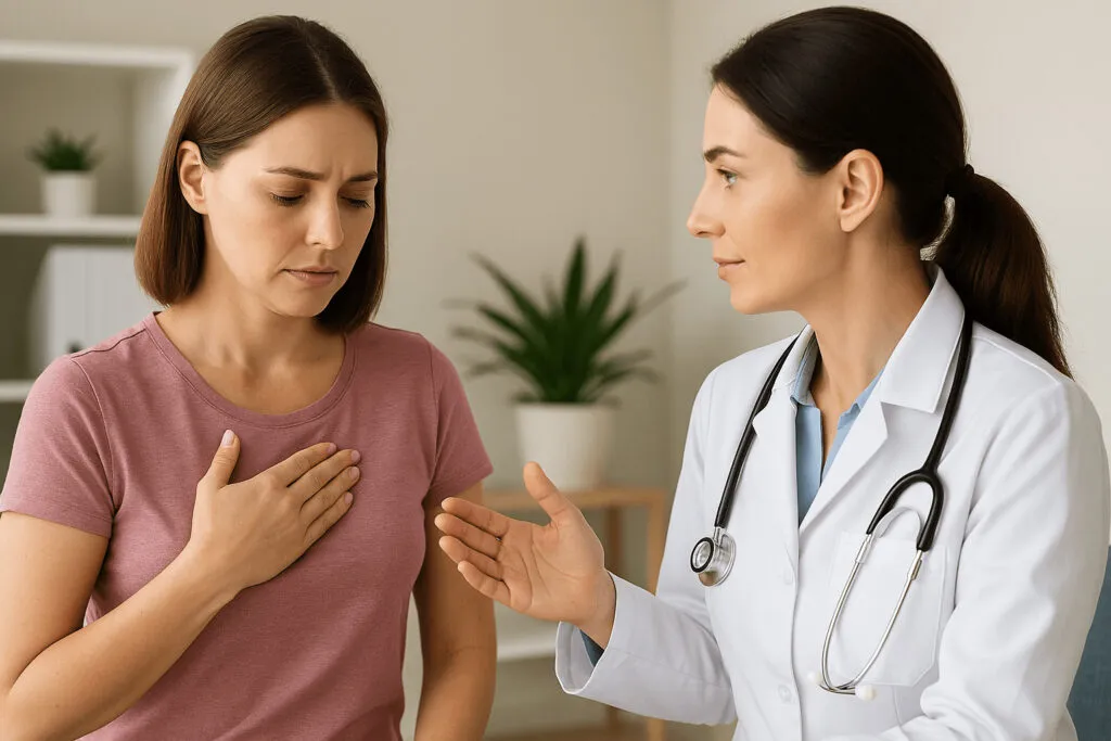 lekarz rozmawia z pacjentką o badaniu piersi