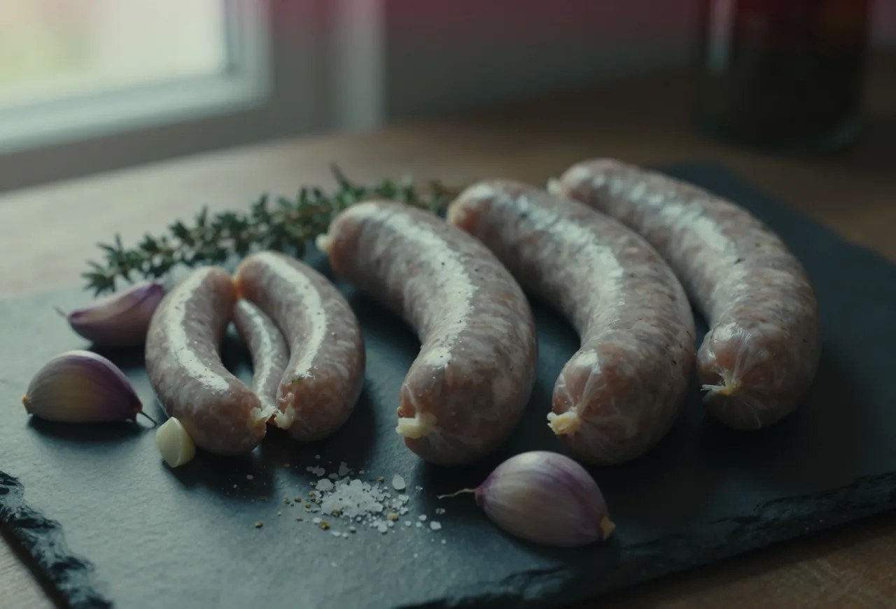 Biała kiełbasa gotowa do parzenia, z czosnkiem i majerankiem na kamiennej desce. Idealna do tradycyjnego śniadania.