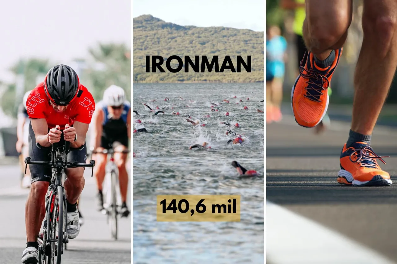 Trzy etapy triathlonu Ironman: jazda na rowerze, pływanie i bieg. Długość trasy to 140,6 mil.