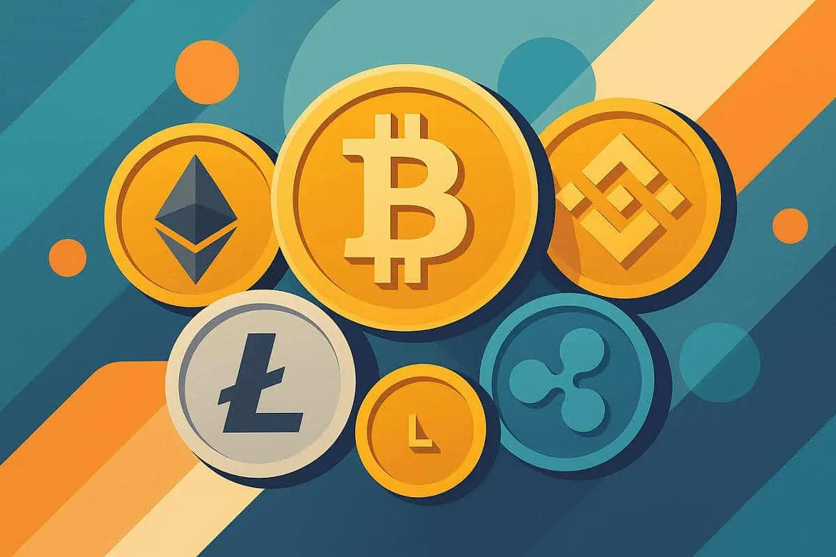 Ikony popularnych kryptowalut: Bitcoin, Ethereum, Litecoin, Binance Coin, Ripple. Zastanawiasz się, gdzie najlepiej inwestować w kryptowaluty?