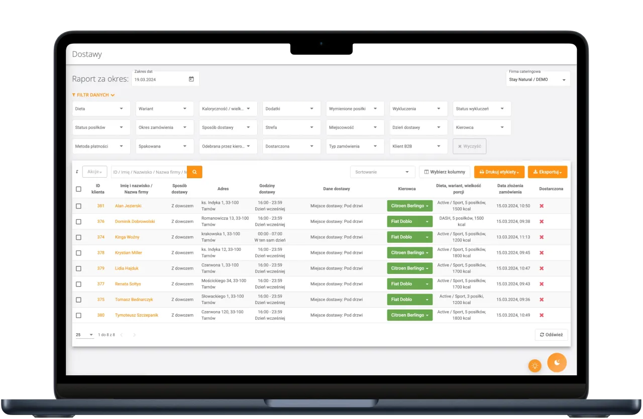 Raport dostaw dla cateringu dietetycznego. Widoczna lista klientów, adresów i statusów zamówień.