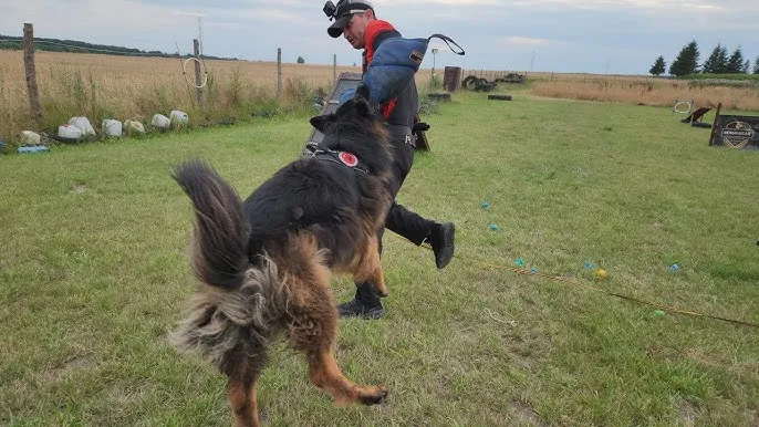owczarek niemiecki z trenerem na polu treningowym