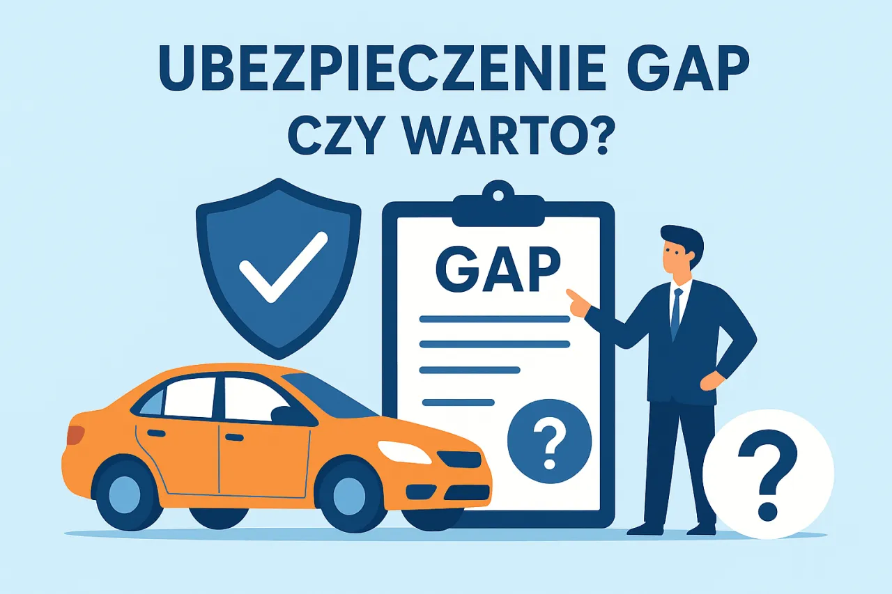 Pomarańczowy samoch&oacute;d, tarcza z zaznaczeniem, dokument z napisem GAP i mężczyzna wskazujący na niego. Czy warto wykupić ubezpieczenie GAP?