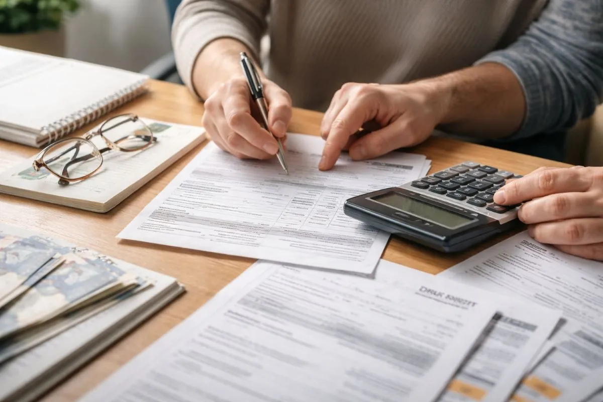 Osoba liczy doch&oacute;d do dofinansowania z PFRON, używając kalkulatora i dokument&oacute;w.