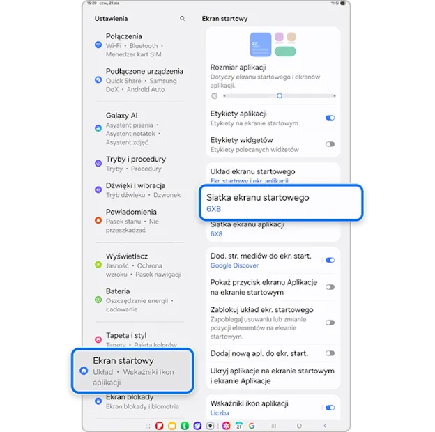 Ustawienia siatki ekranu głównego Samsung