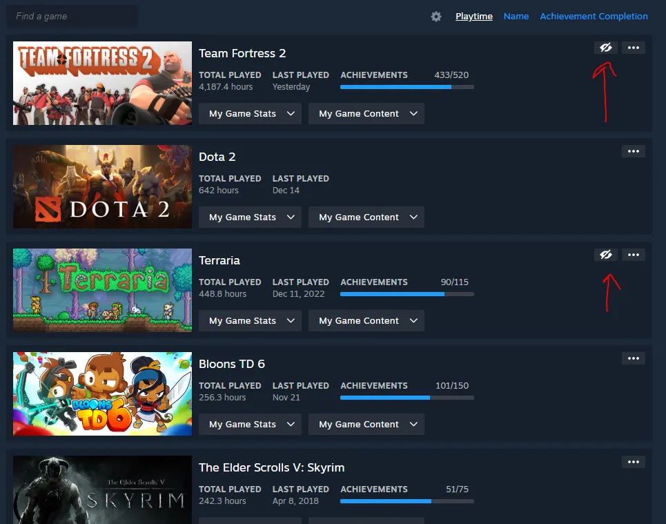 Steam klient widok ukryte gry menu