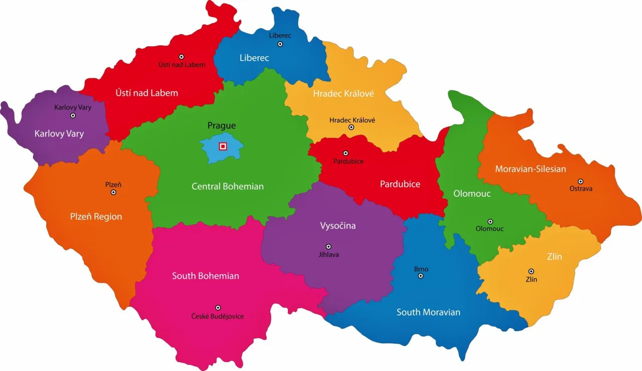 Mapa Czech z zaznaczonymi regionami turystycznymi