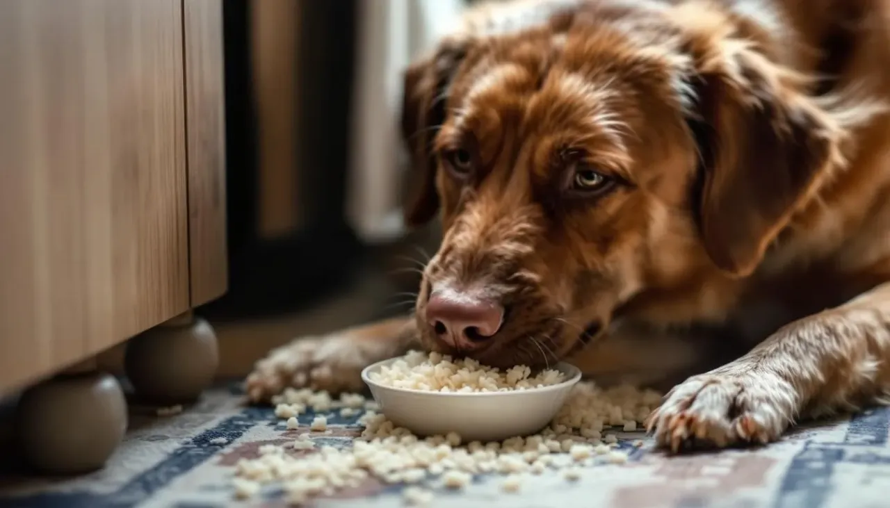 pies jedzący ryż z miski