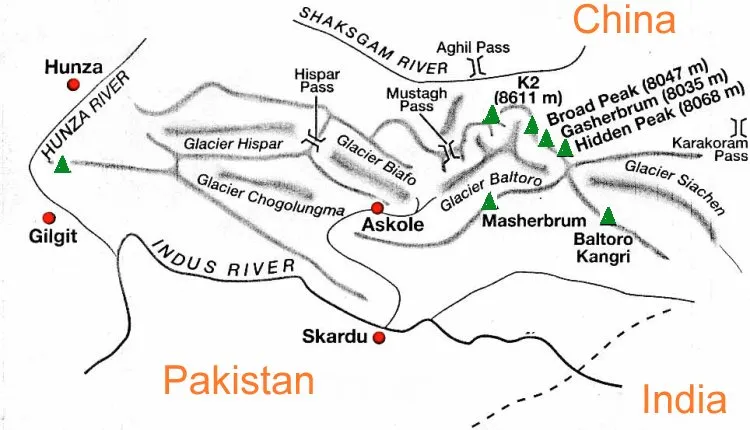 mapa K2 Karakorum Pakistan Chiny
