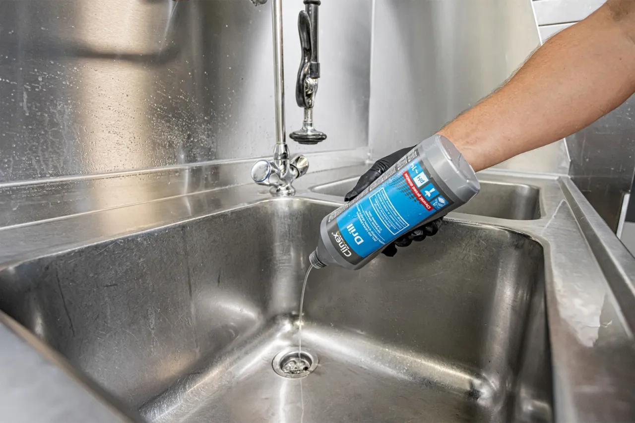 Rękawiczka z płynem do czyszczenia zlewu, by pozbyć się ukrytych siedlisk bakterii w kuchni o których zapominasz przy porządkach.
