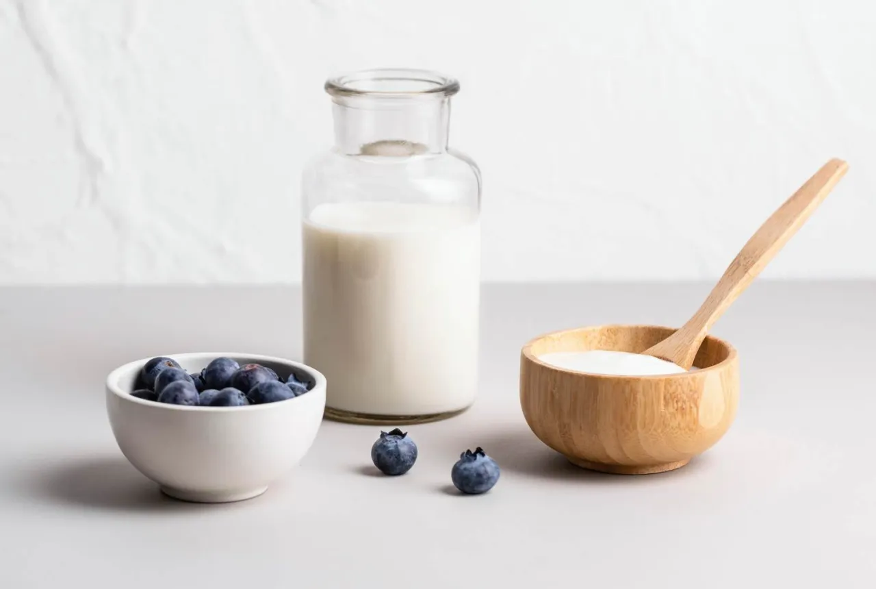 Wegańskie kultury bakterii jogurtowych to sekret pysznego, roślinnego jogurtu. Na zdjęciu: mleko roślinne, jagody i gotowy jogurt.