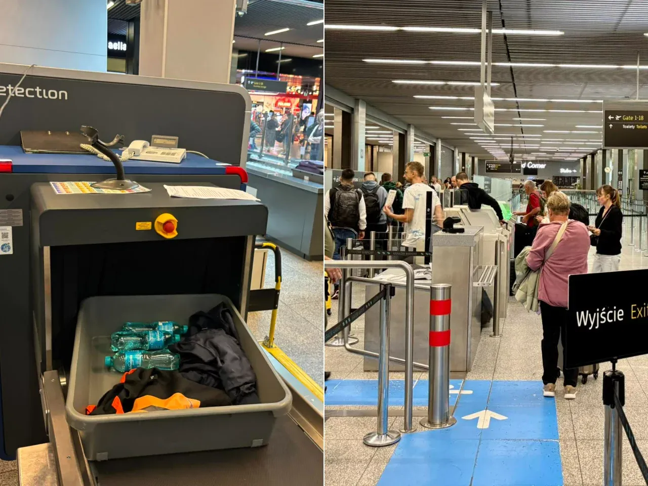 Na lotnisku widać skaner bagażu podręcznego z butelkami wody i ubraniami w tacce. Kolejka do kontroli bezpieczeństwa. Pamiętaj, czego nie można brać na lotnisko.