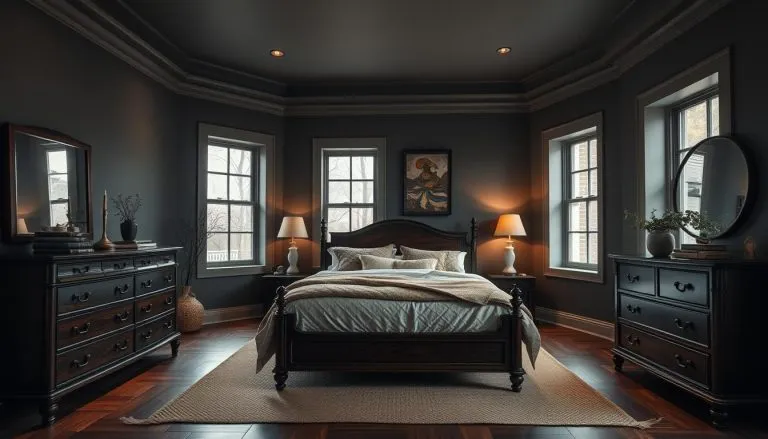 sypialnia z ciemnymi meblami i akcentową ścianą