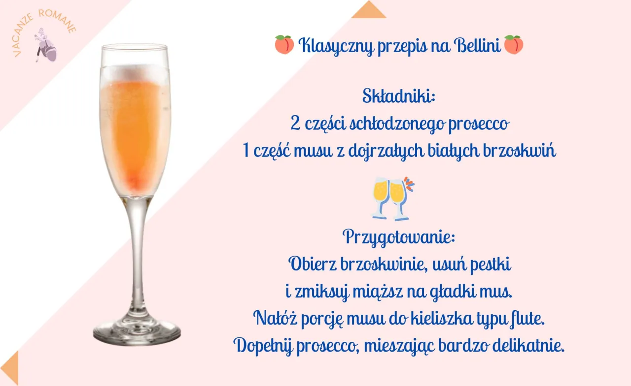 Klasyczny przepis na Bellini: schłodzone prosecco i mus z brzoskwiń. Idealny drink na wakacje!