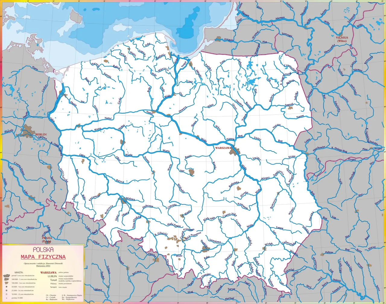 Mapa Polski z zaznaczonymi regionami wędkarskimi i jeziorami