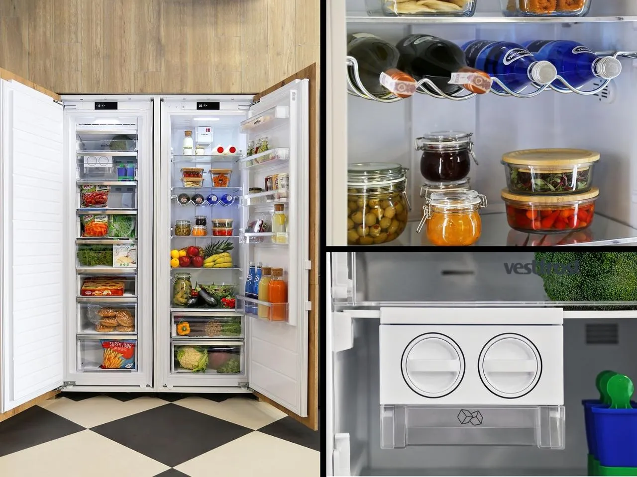 nowoczesna kuchnia z zamrażarką i pojemnikami na żywność