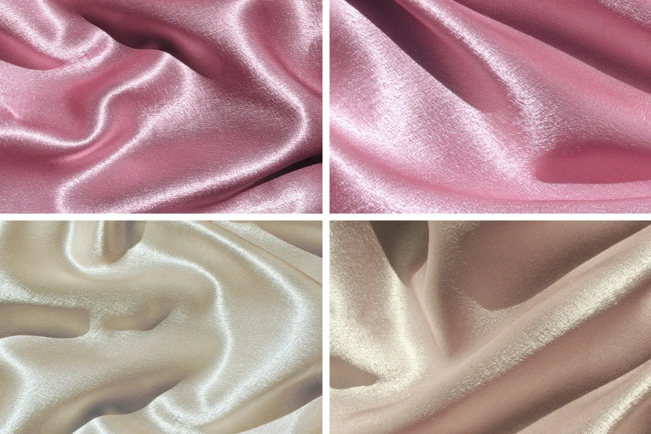 R&oacute;żowy i beżowy typ jedwabiu, pofałdowany, z połyskiem.