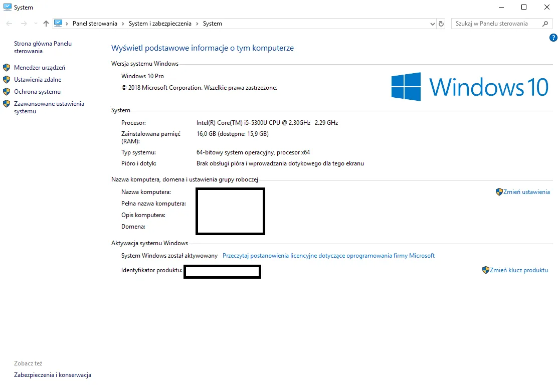 Ustawienia Windows System Informacje