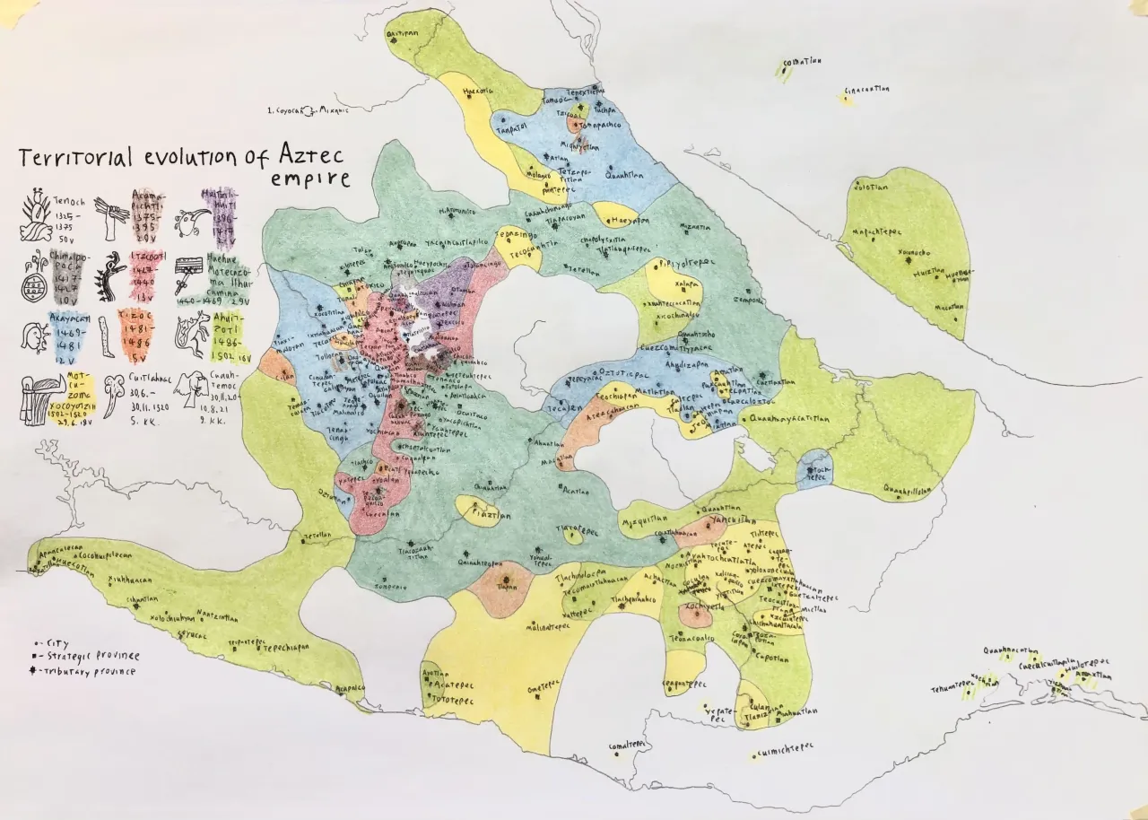 Mapa pokazuje ewolucję terytorialną imperium Azteków, od jego początków w 1325 roku do późniejszych lat.