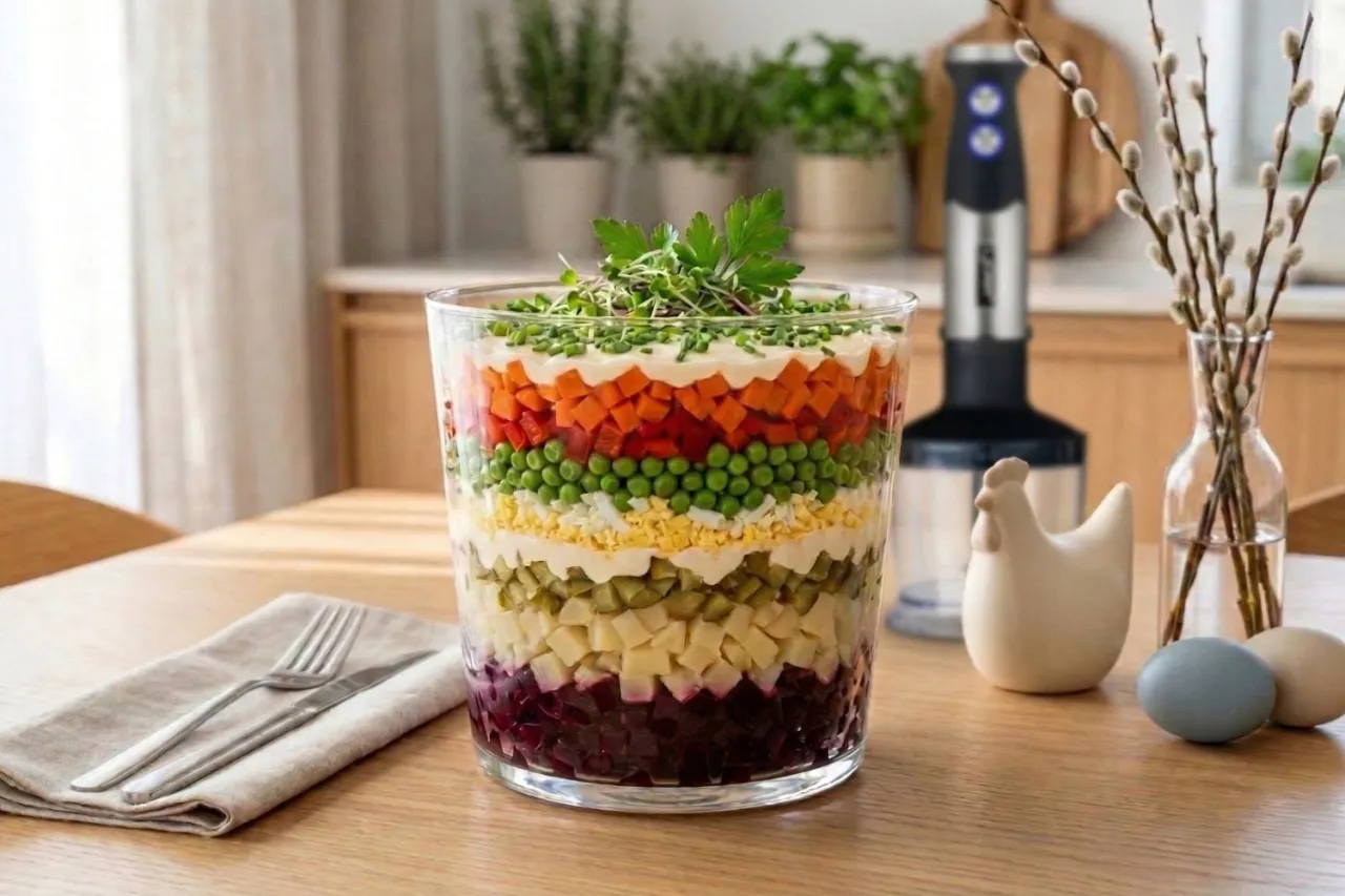 Warstwowa, wyborna sałatka wielkanocna w szklanym naczyniu, udekorowana zieleniną. Obok jajka i kurczaczek.