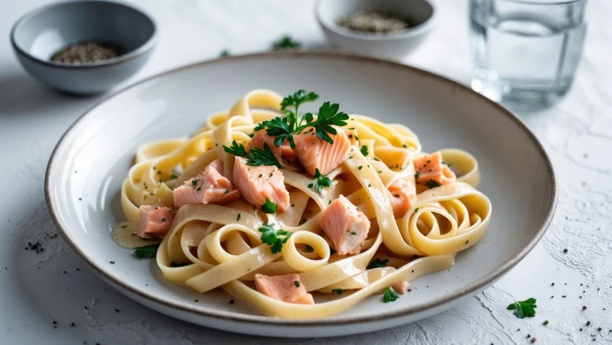 Gotowe spaghetti z łososiem na talerzu