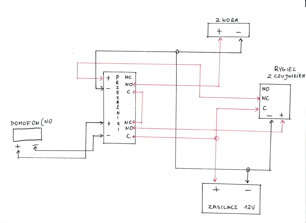 Schemat pokazuje, jak podłączyć domofon w bloku 2 przewodowy, z wykorzystaniem przekaźników i zasilacza.