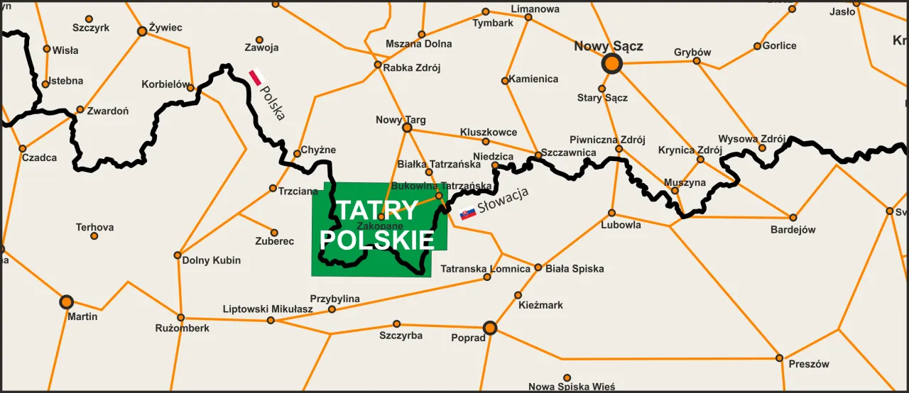Mapa Polski z zaznaczonymi Tatrami i Zakopanem. Idealne miejsce, gdzie w góry na wakacje w Polsce.