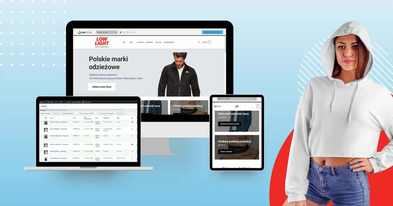 Zobacz, jak stworzyć sklep internetowy na WordPress. Prezentacja strony z polską odzieżą i panel administracyjny.