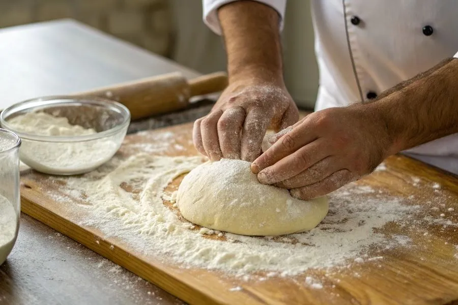 ciasto na pizzę przed i po fermentacji