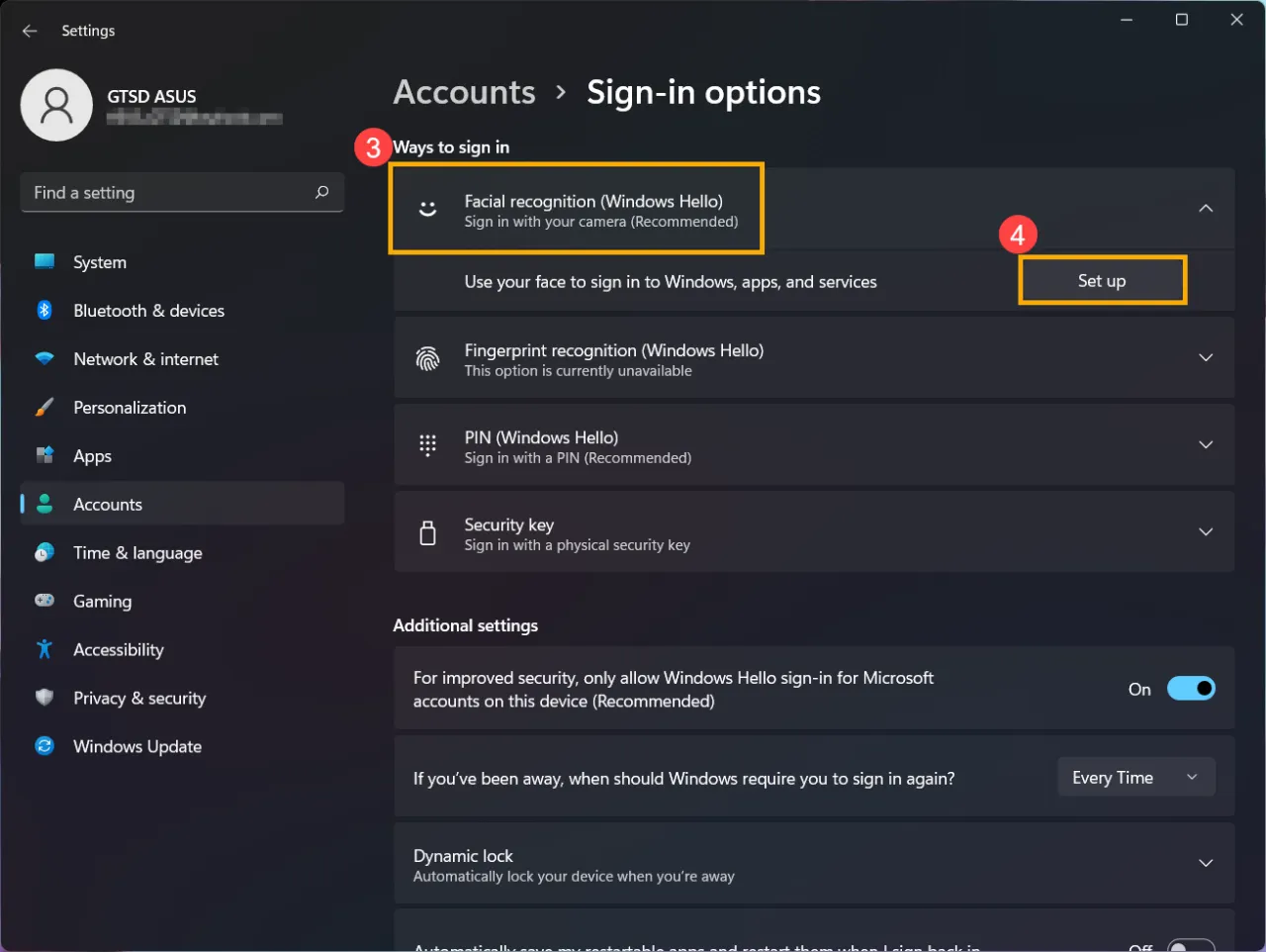 Ustawienia konta: rozpoznawanie twarzy (Windows Hello) do logowania. Kliknij 