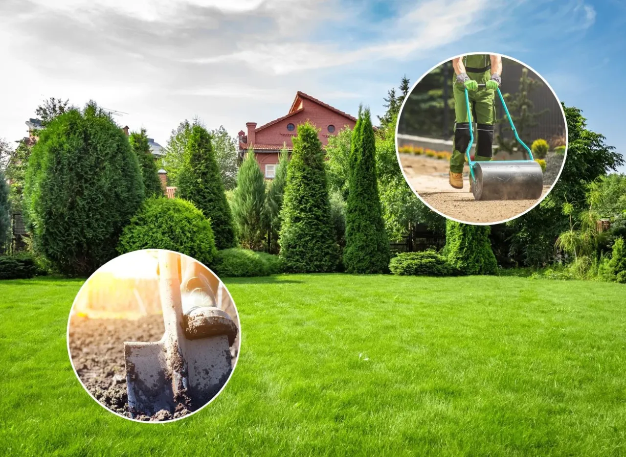 Jak wyr&oacute;wnać ziemię w ogrodzie: łopata do spulchniania i wał do ubijania gleby na pięknym trawniku.