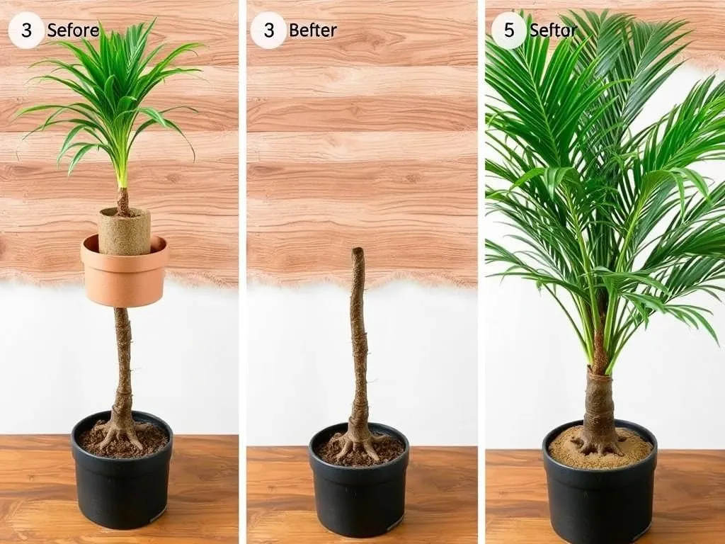 palma doniczkowa przed i po przycinaniu
