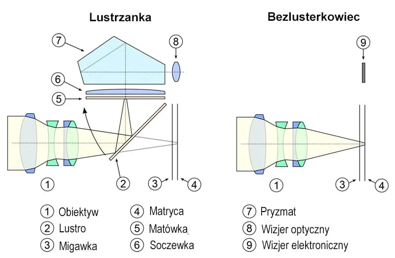 budowa lustrzanki vs bezlusterkowca schemat