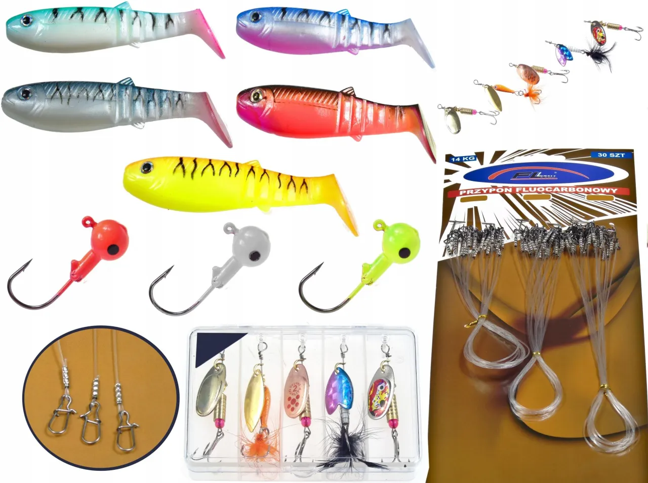R&oacute;żnorodne przynęty na spinning: gumowe rybki, obrot&oacute;wki, gł&oacute;wki jigowe i przypony. Idealne na każdą wyprawę wędkarską.