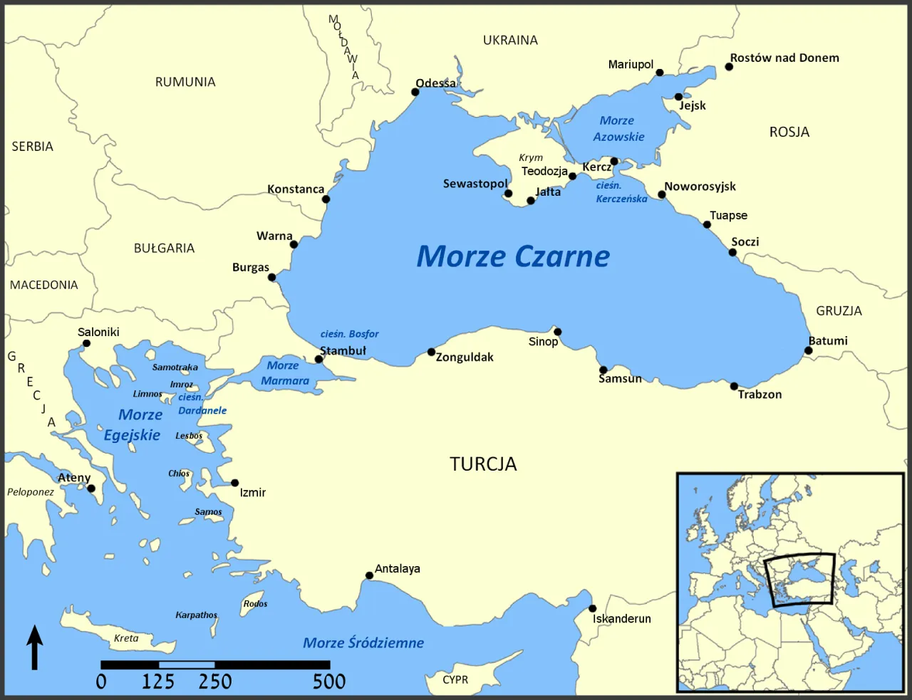 Mapa cieśniny Bosfor, Stambuł, Morze Czarne, Morze Marmara