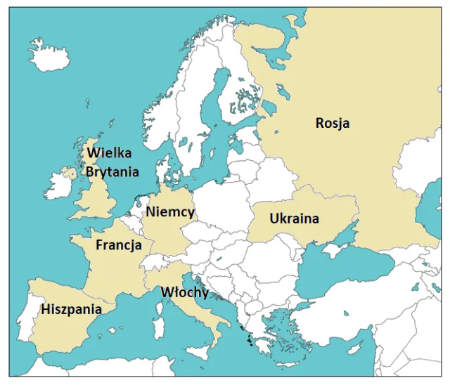 Mapa Europy z zaznaczonymi Niemcami, Francją, Danią, Szwecją, Wielką Brytanią jako krajami importu ciągnik&oacute;w