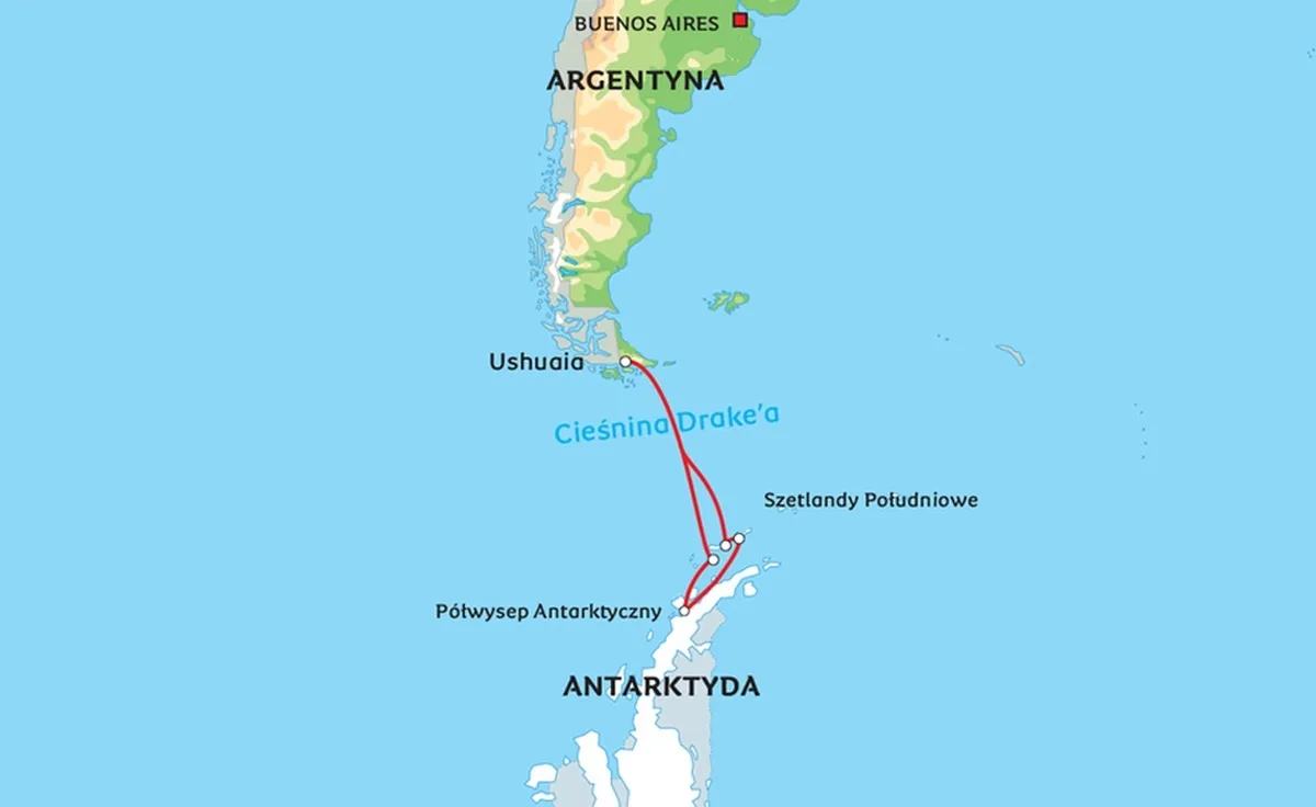 Mapa trasy lotu z Polski do Ameryki Południowej, Ushuaia, Punta Arenas