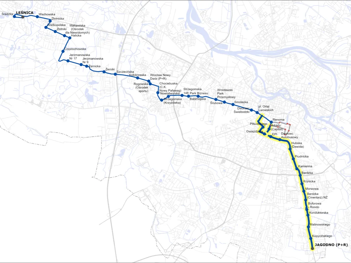 Mapa trasy autobusu 146 Wrocław