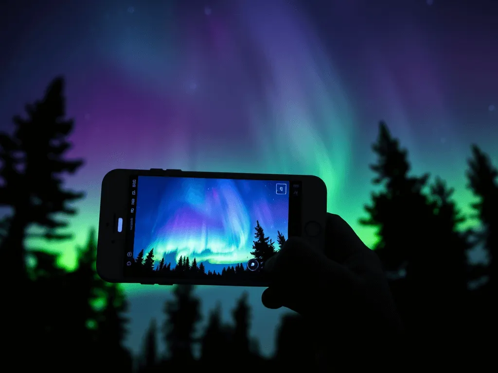 zrzuty ekranu z aplikacji do fotografowania zorzy na telefon