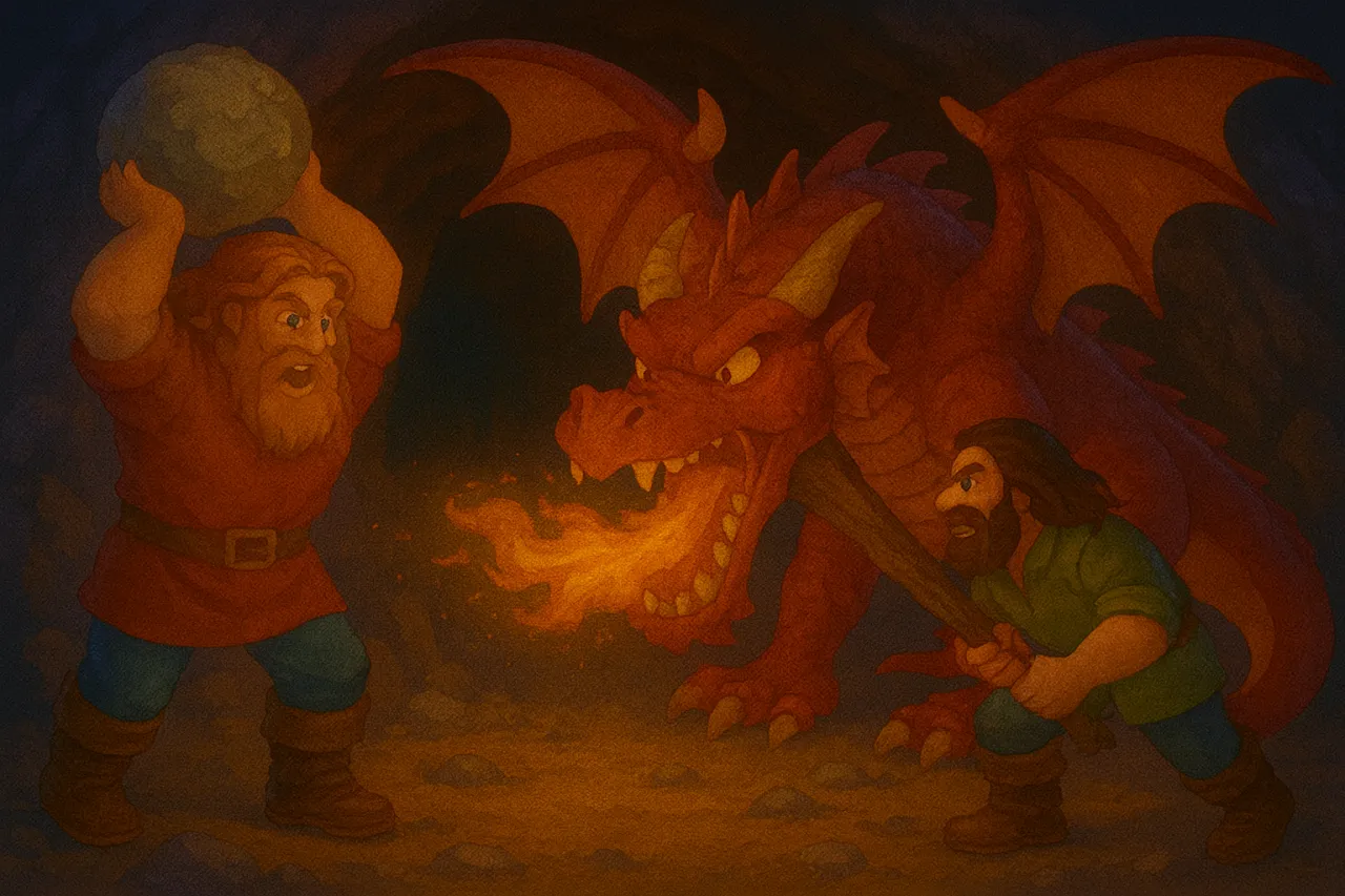 Waligóra z kamieniem i Wyrwidąb z maczugą stawiają czoła ryczącemu smokowi. Scena z baśni o waligórze i wyrwidębie.