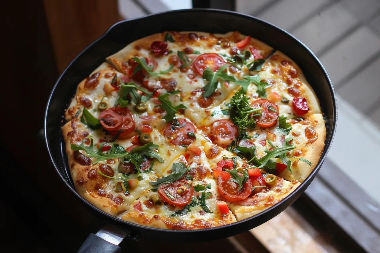 Pyszna pizza z serka wiejskiego, z pomidorkami, oliwkami i rukolą, prosto z patelni.