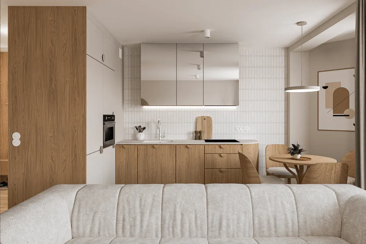 Podział stref salon aneks kuchenny 30m2