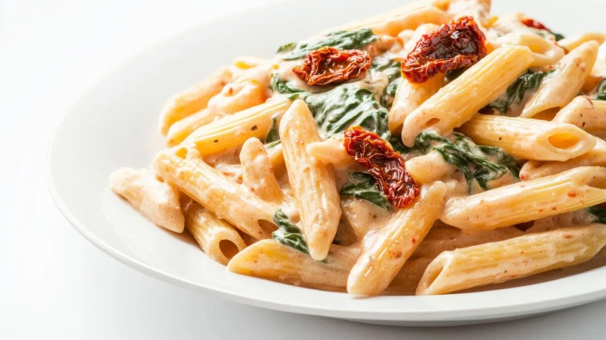 Zdjęcie Pyszny makaron penne ze szpinakiem i suszonymi pomidorami w 30 minut