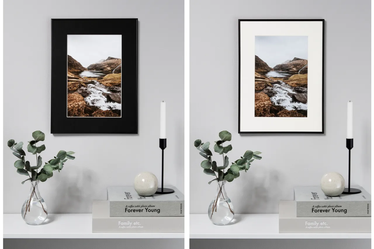 Dwa rodzaje ram: czarna, gruba z passe-partout i cienka, czarna z białym passe-partout. Obie oprawiają ten sam g&oacute;rski krajobraz.