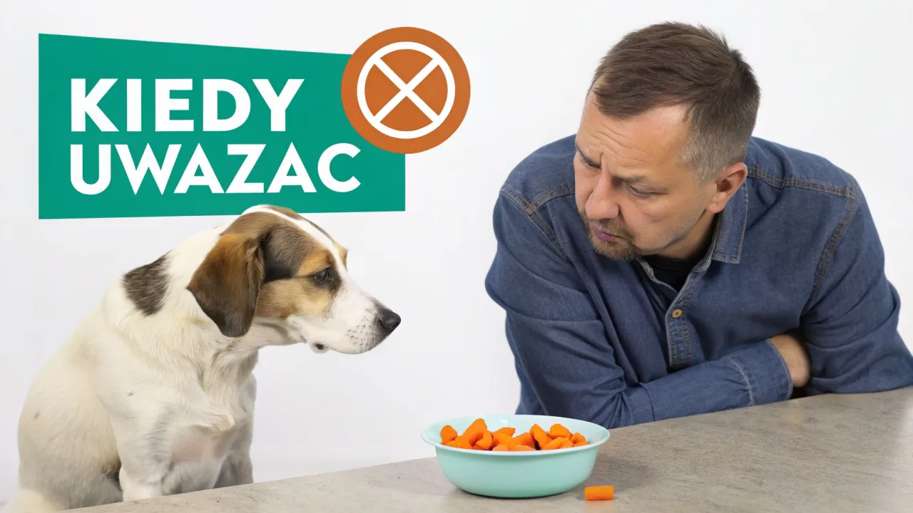 Pies patrzy na miskę z gotowaną marchewką. Czy pies może jeść gotowaną marchewkę? Znak ostrzegawczy sugeruje ostrożność.