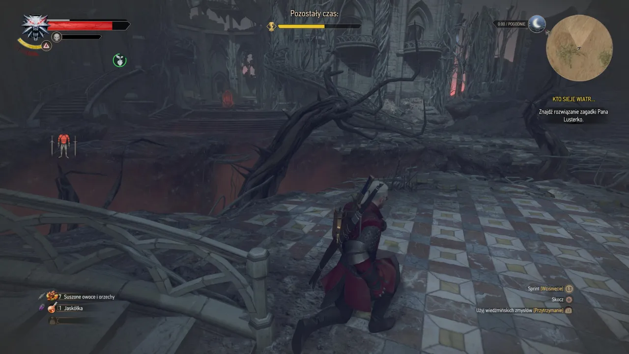 Geralt klęczy na posadzce, szukając rozwiązania zagadki o dima. W tle ruiny i czerwona poświata.